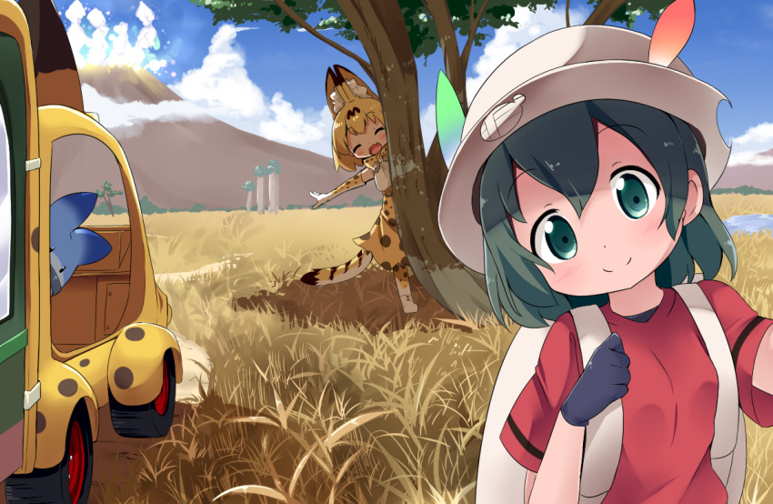 bus cloud commercial_vehicle duo felid feline female grass human japari_bus kaban-chan kemono_friends lucky_beast machine makuran mammal mountain plant public_transportation robot serval serval-chan sky tree vehicle vehicle_for_hire volcano