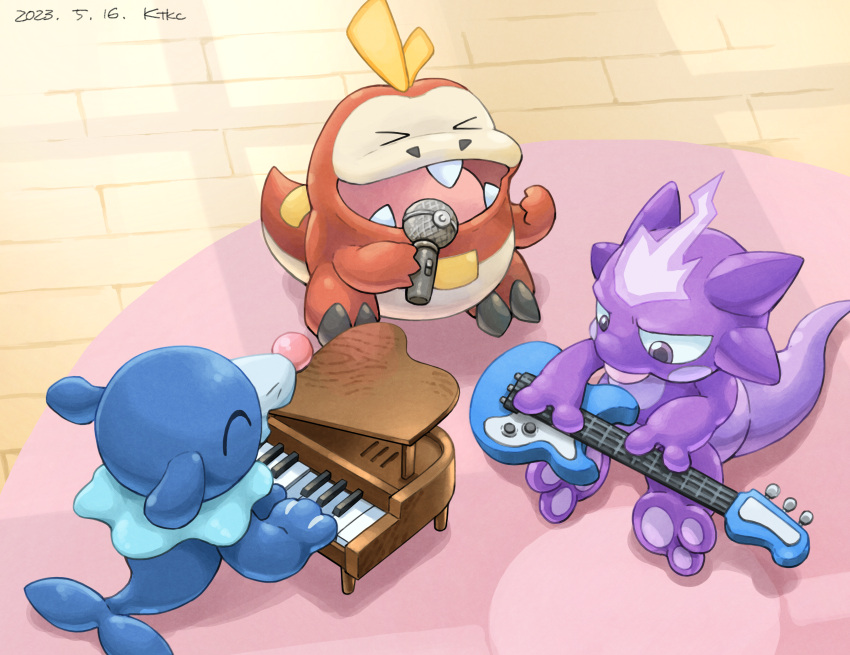 &gt;_&lt; ^_^ absurdres artist_name closed_eyes commentary dated electric_guitar english_commentary fangs fuecoco guitar highres holding holding_instrument holding_microphone indoors instrument katkichi microphone music no_humans open_mouth piano playing_instrument playing_piano pokemon pokemon_(creature) popplio purple_eyes rug singing sitting smile teeth toxel wooden_floor