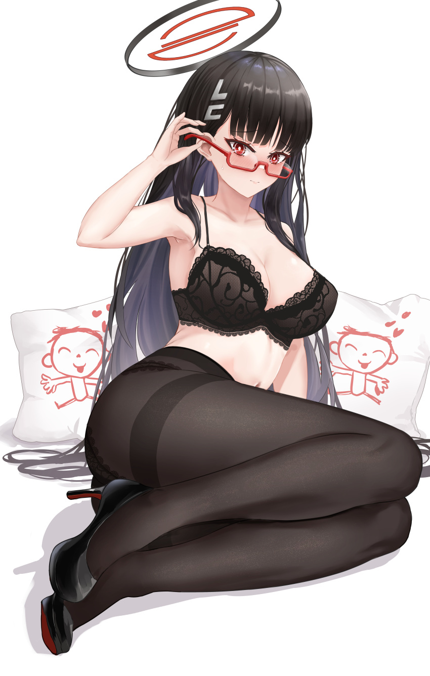 1girl absurdres adjusting_eyewear ayloss black_bra black_footwear black_hair black_pantyhose blue_archive blush bra breasts commentary glasses hair_ornament halo high_heels highres large_breasts long_hair looking_at_viewer lying navel on_side panties panties_under_pantyhose pantyhose pillow red-framed_eyewear red_eyes rio_(blue_archive) semi-rimless_eyewear solo straight_hair thighband_pantyhose under-rim_eyewear underwear underwear_only white_background