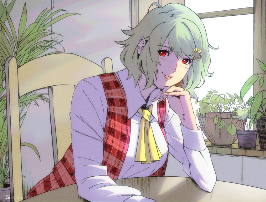 1girl arm_rest ascot chair closed_mouth collared_shirt day elbow_rest english_commentary fingernails flower_pot green_hair hair_ornament hairclip hand_on_own_chin hand_up head_rest highres indoors kazami_yuuka leaning_forward lips long_sleeves looking_at_viewer medium_bangs medium_hair open_clothes open_vest plaid plaid_vest plant potted_plant red_eyes red_vest shirt sitting smile solo swept_bangs table touhou ultragruntyy upper_body vest white_shirt window wing_collar yellow_ascot