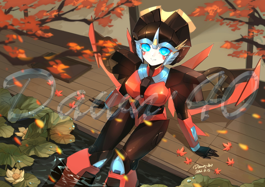 1girl absurdres azuredawn40 blue_eyes breasts helmet highres humanoid_robot mechanical_wings medium_breasts panties red_panties robot sitting smile the_transformers_(idw) thighs transformers underwear watermark windblade wings