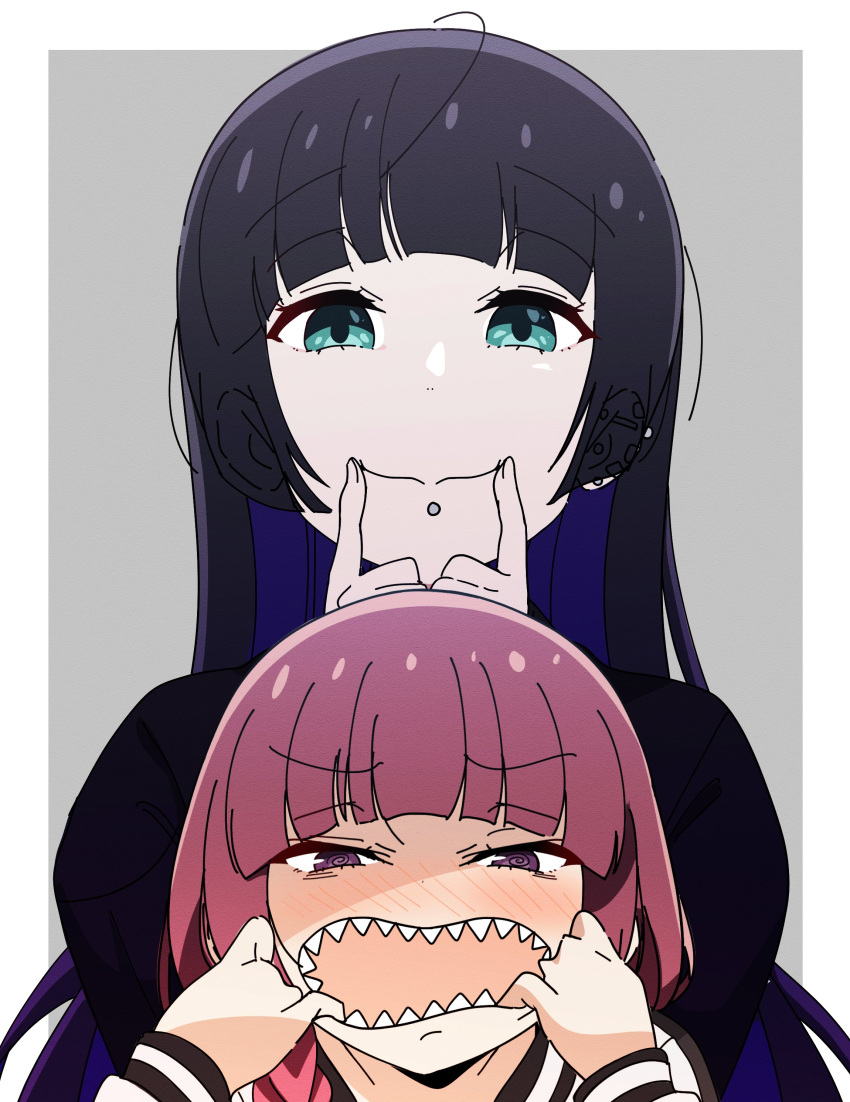 2girls @_@ absurdres black_hair black_shirt blush bocchi_the_rock! closed_mouth colored_inner_hair ear_piercing ears_visible_through_hair finger_in_own_mouth goumonsha green_eyes highres hiroi_kikuri jacket long_hair long_sleeves looking_at_viewer mouth_piercing multicolored_hair multiple_girls no_nose nose_blush open_mouth pa-san piercing purple_eyes sharp_teeth shirt sidelocks smile teeth upper_body