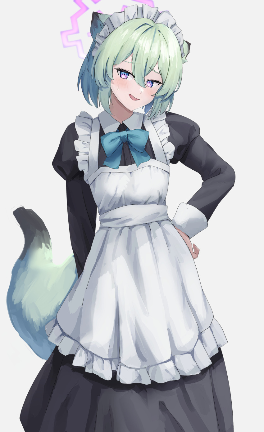 1girl absurdres alternate_costume animal_ears apron aqua_bow aqua_bowtie blue_archive blush bow bowtie enmaided frilled_apron frills green_tail halo hand_on_own_hip highres juliet_sleeves light_green_hair long_sleeves looking_at_viewer maid maid_apron maid_headdress nervous_smile parted_lips puffy_sleeves purple_eyes shigure_(blue_archive) short_hair simple_background smile solo sweat tail weasel_ears weasel_tail white_apron white_background yakishio