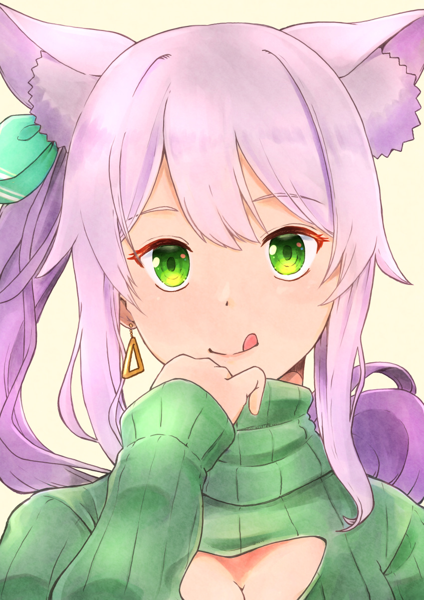 1girl :q absurdres animal_ear_fluff animal_ears bow breasts cat_ears cleavage cleavage_cutout clothing_cutout earrings extra_ears green_bow green_eyes green_sweater grey_hair hair_bow hand_up highres hizuki_miu jewelry kanata_(mugi_a) long_hair side_ponytail sidelocks simple_background sweater tongue tongue_out triangle_earrings turtleneck turtleneck_sweater virtual_youtuber wactor_production white_background