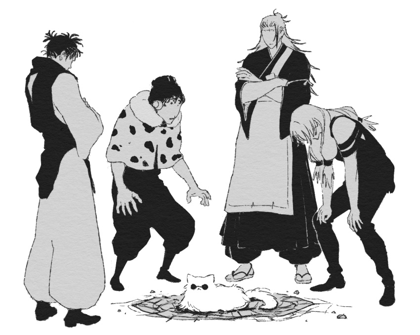 4boys animal animalization cat choso_(jujutsu_kaisen) crossed_arms full_body getou_suguru getou_suguru_(kenjaku) gojou_satoru greyscale gy0zax2 highres japanese_clothes jogo_(jujutsu_kaisen) jujutsu_kaisen kimono long_hair mahito_(jujutsu_kaisen) male_focus monochrome multiple_boys pants round_eyewear sandals shirt short_hair simple_background standing stitches sunglasses tabi