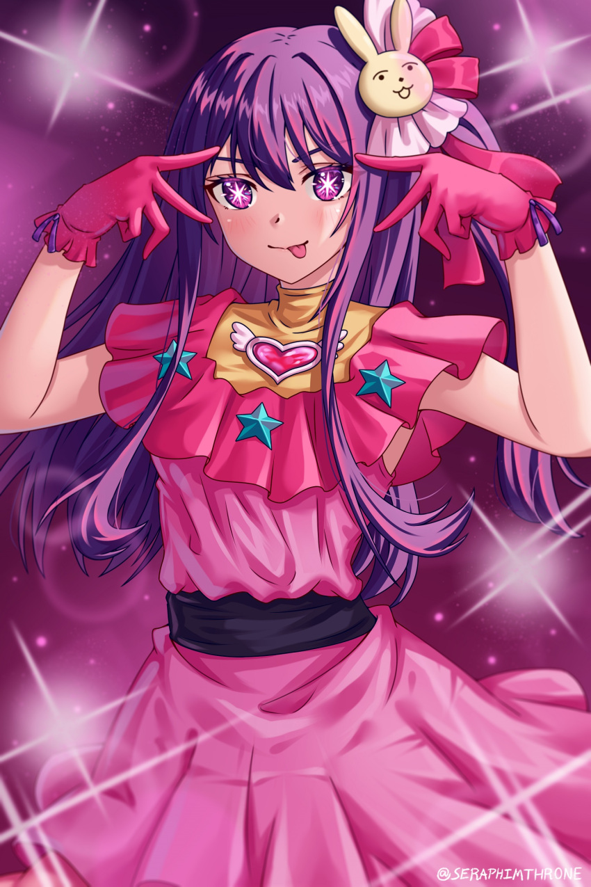 1girl :p artist_name dress gloves gradient_background hair_ornament hair_ribbon hands_up heart highres hoshino_ai_(oshi_no_ko) idol long_hair looking_at_viewer oshi_no_ko pink_dress pink_gloves purple_eyes purple_hair rabbit_hair_ornament ribbon seraphim_throne short_sleeves smile solo sparkle star-shaped_pupils star_(symbol) symbol-shaped_pupils tongue tongue_out