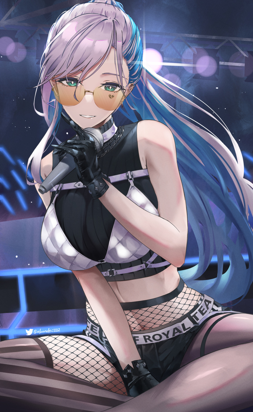 1girl absurdres asymmetrical_bangs asymmetrical_legwear bare_arms bare_shoulders bespectacled black_gloves blue_hair bright_pupils chain_necklace commentary crop_top elvandec fishnet_pantyhose fishnets glasses gloves green_eyes grey_thighhighs highres holding holding_microphone hololive hololive_indonesia indian_style jewelry light_smile long_hair looking_at_viewer microphone midriff mismatched_legwear multicolored_hair necklace official_alternate_costume orange-tinted_eyewear pantyhose parted_lips pavolia_reine pavolia_reine_(3rd_costume) ponytail single_thighhigh sitting sleeveless solo stage_lights striped striped_thighhighs thighhighs tinted_eyewear turtleneck twitter_logo twitter_username two-tone_hair vertical-striped_thighhighs vertical_stripes virtual_youtuber white_hair white_pupils