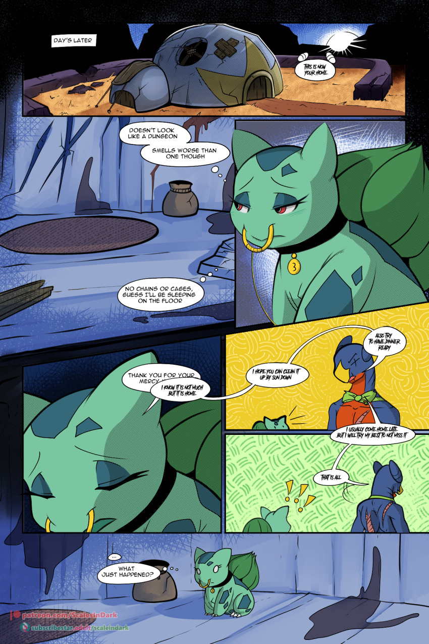 blue_body bulbasaur collar colored comic dirty english_text garchomp generation_1_pokemon generation_4_pokemon green_body hi_res nintendo piercing pokemon pokemon_(species) red_eyes scalesindark scar scars_all_over slave text url