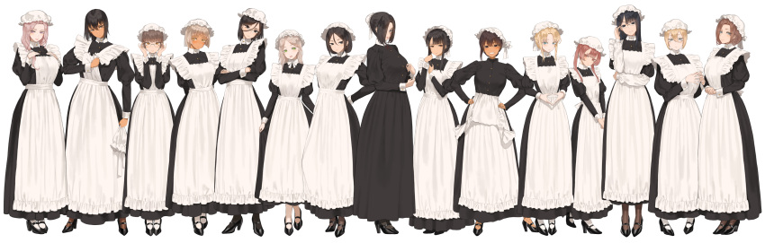 6+girls absurdres apron black_dress black_footwear breasts dress full_body hat high_heels highres juliet_sleeves large_breasts long_dress long_sleeves looking_at_viewer maid mob_cap multiple_girls original puffy_sleeves simple_background throtem white_apron white_background