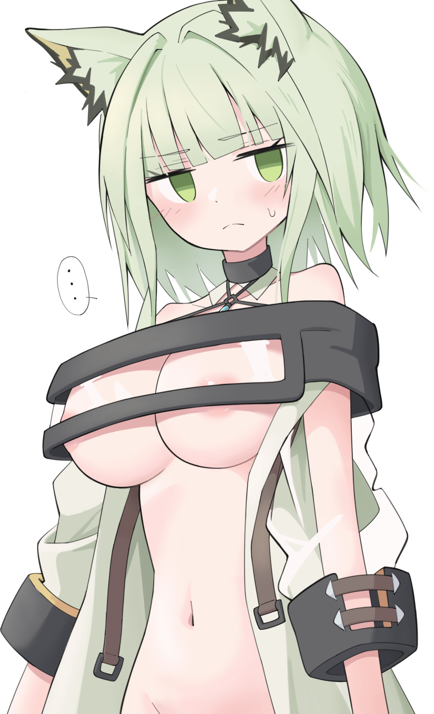 ... 1girl absurdres animal_ears areola_slip arknights cat_ears cat_girl frown green_eyes green_hair green_jacket groin highres jacket jitome kal'tsit_(arknights) looking_at_viewer naked_jacket navel open_clothes open_jacket out-of-frame_censoring short_hair simple_background solo spoken_ellipsis white_background yuuko_(oruta)