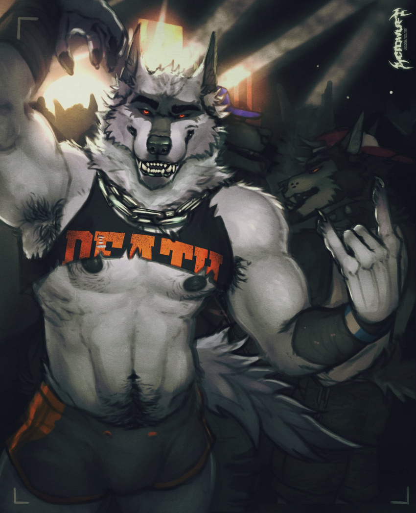2023 acidwuff anthro armpit_hair artist_logo black_bottomwear black_clothing black_sclera black_shirt black_shorts black_tank_top black_topwear body_hair bottomwear bracelet camera_view canid canine canis chain_necklace claws clothing concert death_(puss_in_boots) dreamworks finger_claws fur grey_body grey_fur group happy_trail hi_res jewelry logo male mammal muscular muscular_anthro muscular_male necklace nipples party pawpads puss_in_boots_the_last_wish red_eyes shirt shorts smile smiling_at_viewer tank_top topwear torn_clothing torn_shirt torn_topwear watermark white_body white_fur wolf wraps wrist_wraps