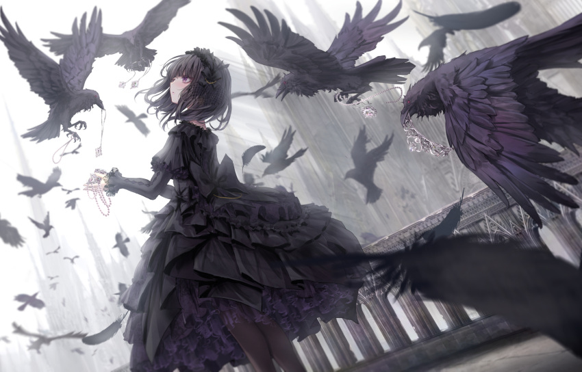 1girl animal bird black_dress black_feathers black_hair cathedral crow dress feathers from_side gothic_lolita highres holding holding_jewelry jewelry layered_sleeves lolita_fashion long_sleeves missile228 mouth_hold original pendant profile short_over_long_sleeves short_sleeves shorts solo standing white_background