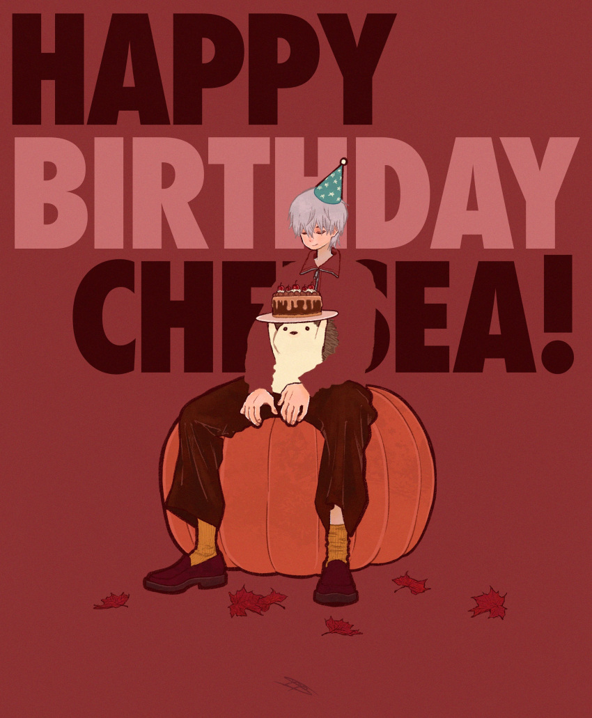 1boy absurdres black_footwear black_pants blending cake food grey_hair happy_birthday hat hedgehog highres holding jacket leaf original pants party_hat plate pumpkin red_background red_jacket second-party_source shoes short_hair simple_background socks solo syooooyoooo wide_shot yellow_socks zipper zipper_pull_tab