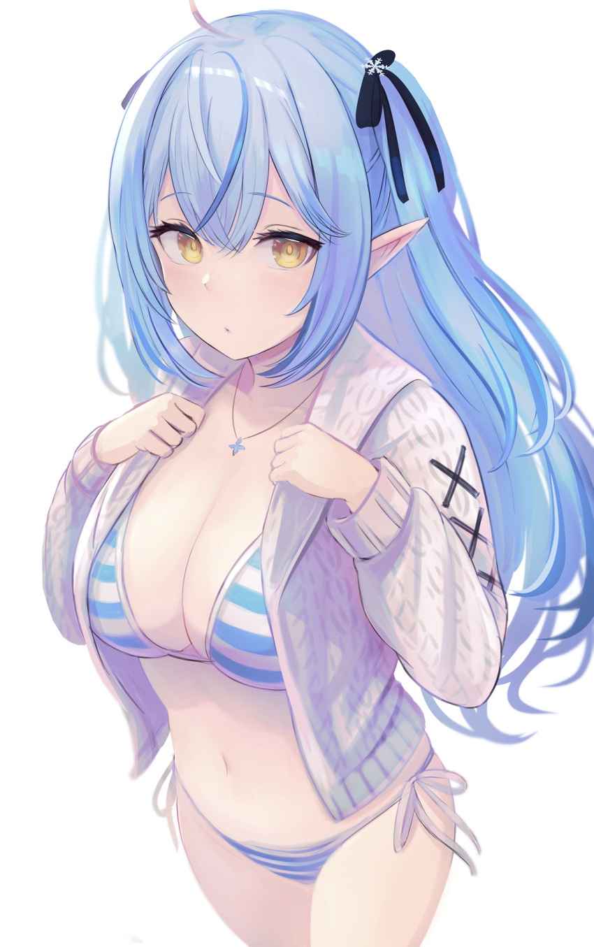1girl ahoge bikini bikini_under_clothes blue_hair blue_ribbon blue_stripes breasts cardigan cleavage clothes_grab cowboy_shot dot_mouth enumiyaa expressionless eyelashes hair_between_eyes hair_ribbon hands_up highres hololive jewelry large_breasts long_hair long_sleeves looking_at_viewer navel necklace open_cardigan open_clothes pointy_ears ribbon side-tie_bikini_bottom simple_background solo striped striped_bikini swimsuit two_side_up virtual_youtuber white_background white_cardigan white_stripes yellow_eyes yukihana_lamy