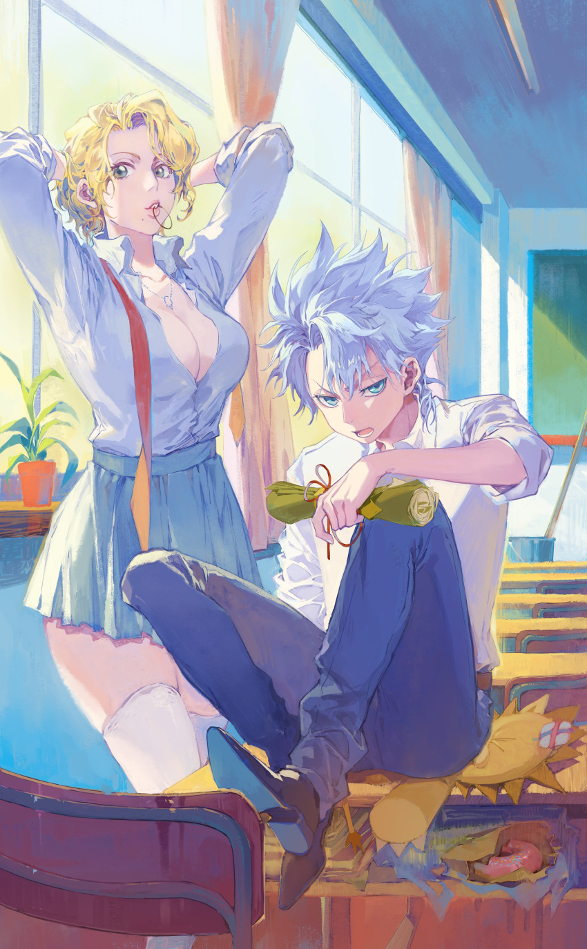 1boy 1girl absurdres adjusting_hair bleach blonde_hair blue_eyes blue_skirt breasts classroom collarbone desk highres hitsugaya_toushirou jewelry kon_(bleach) kuzen large_breasts lips looking_at_viewer matsumoto_rangiku mole mole_under_mouth mouth_hold necklace on_desk open_mouth plant potted_plant school_desk school_uniform shirt short_hair sitting sitting_on_desk skirt thighhighs white_shirt window