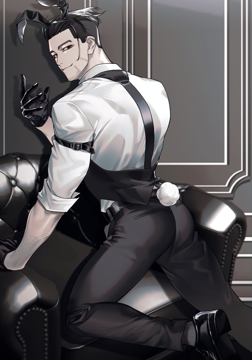 1boy adapted_costume animal_ears ass beckoning black_eyes black_hair chippendales come_hither couch facial_hair fake_animal_ears from_behind golden_kamuy hair_slicked_back hair_strand highres kneeling long_sleeves looking_at_viewer looking_back male_focus male_playboy_bunny mature_male ogata_hyakunosuke on_couch rabbit_day rabbit_ears rabbit_tail rakkonabe scar scar_on_cheek scar_on_face short_hair sideburns smile solo stubble tail thick_eyebrows undercut