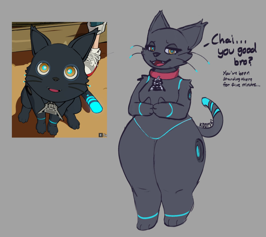 2023 808_(hi-fi_rush) ambiguous_gender anthro artist_name bethesda_softworks black_body black_fur blue_pupils chubby_anthro collar dialogue digital_media_(artwork) dipstick_tail domestic_cat english_text felid feline felis fur grey_background half-closed_eyes hi-fi_rush hi_res kooriki looking_at_viewer machine mammal markings narrowed_eyes paws pupils robot screencap signature simple_background slightly_chubby solo tail tail_markings talking_to_viewer tango_gameworks text thick_thighs whiskers wide_hips yellow_eyes