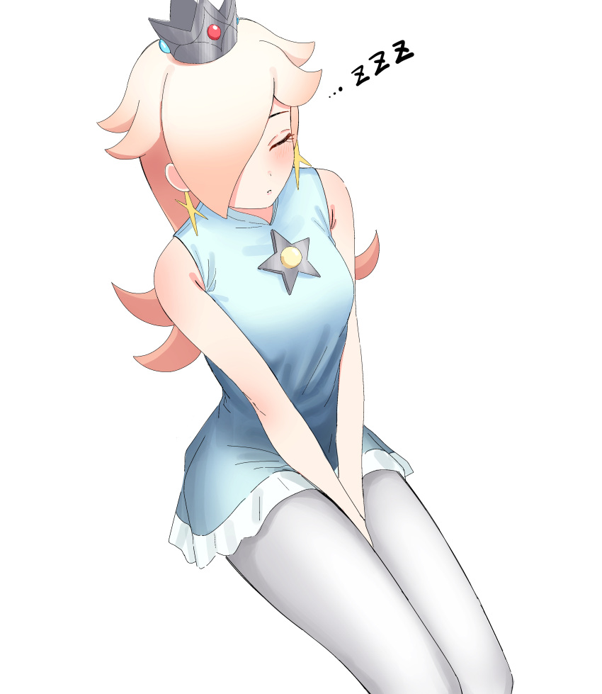 1girl 791_791 absurdres bare_shoulders blonde_hair blue_dress brooch closed_eyes crown dress earrings hair_over_one_eye highres jewelry long_hair mario_(series) mario_tennis pantyhose rosalina sleeping sleeveless sleeveless_dress solo star_(symbol) star_brooch star_earrings tennis_rosalina white_background white_pantyhose zzz