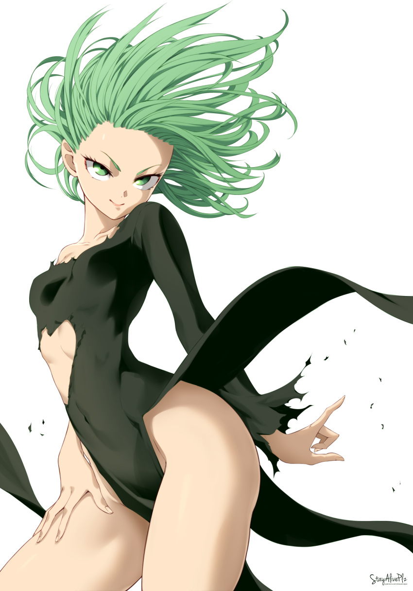 1girl absurdres artist_name black_dress breasts closed_mouth collarbone covered_navel cowboy_shot dress floating_hair forehead green_eyes green_hair groin highres one-punch_man short_hair side_slit simple_background single_bare_shoulder small_breasts smile solo stayaliveplz tatsumaki taut_clothes taut_dress thighs torn_clothes torn_dress v-shaped_eyebrows white_background