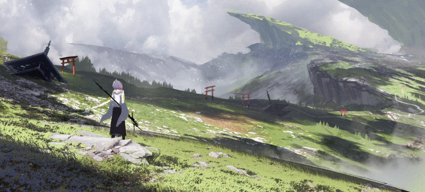 1girl absurdres architecture asteroid_ill bird_wings black_hakama building buried cliff cloud cloudy_sky east_asian_architecture grass hakama highres hill holding holding_weapon hood hood_down japanese_clothes landscape looking_ahead miko mountain multiple_torii nature original outdoors pagoda partisan path polearm purple_hair rock ruins scenery sky solo torii tree weapon wide_shot wide_sleeves wings