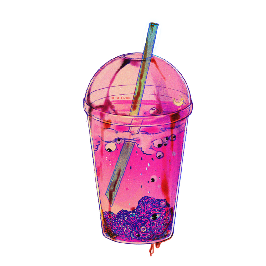 artist_name blood blood_drip cloud commentary crescent cup disposable_cup drinking_straw english_commentary eyeball food_focus hoshi-pan no_humans original rain smoothie still_life transparent_background
