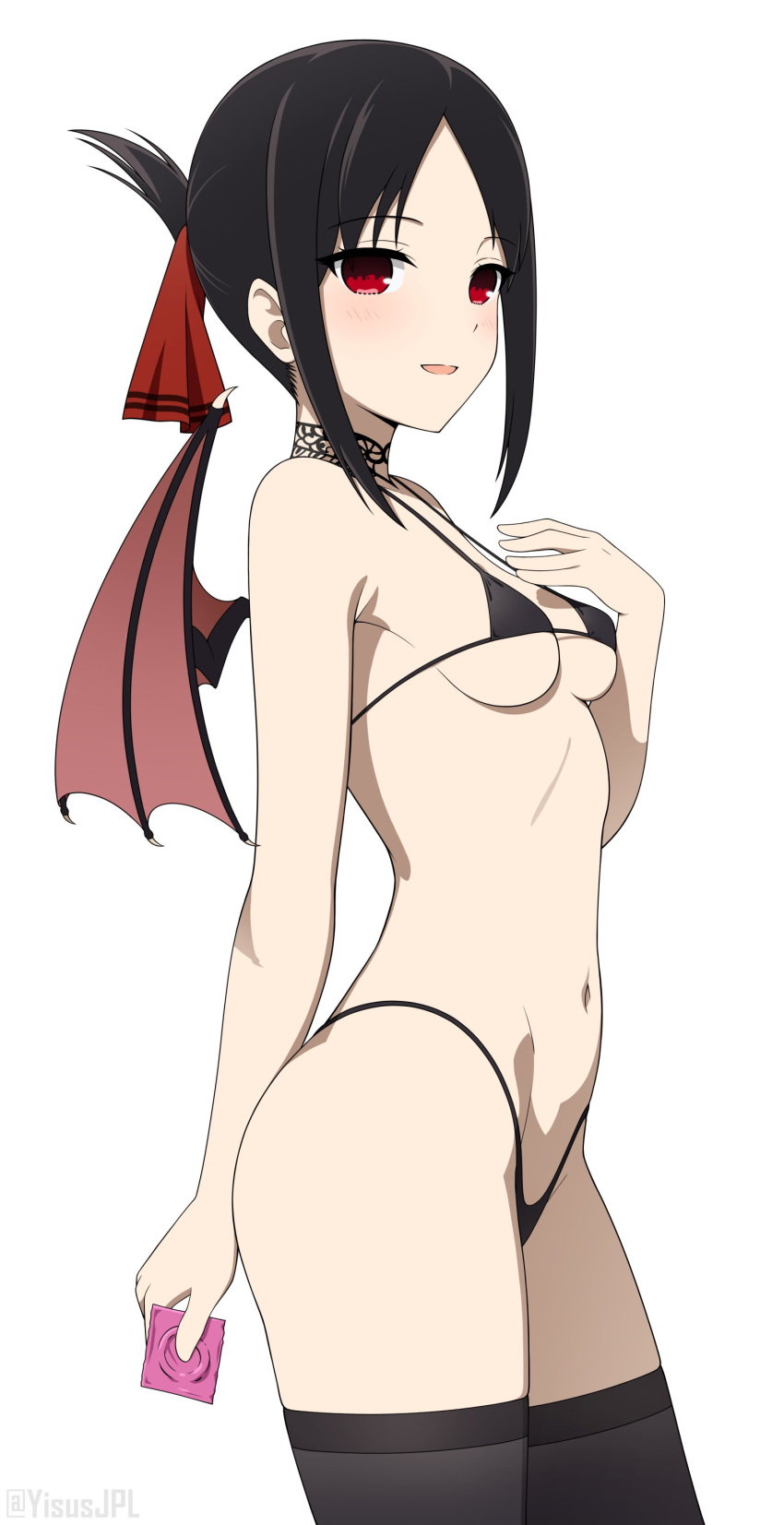 1girl absurdres bikini black_bikini black_hair black_thighhighs breasts choker condom condom_wrapper cowboy_shot demon_wings folded_ponytail highres holding holding_condom kaguya-sama_wa_kokurasetai_~tensai-tachi_no_renai_zunousen~ looking_at_viewer micro_bikini parted_lips red_eyes red_ribbon ribbon shinomiya_kaguya simple_background skindentation small_breasts solo swimsuit thighhighs white_background wings yisusjpl