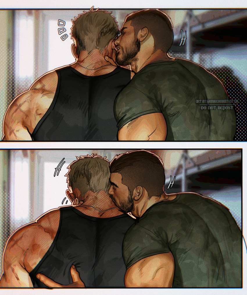 2boys angry artist_name back bara beard biting black_hair blonde_hair blush call_of_duty call_of_duty:_modern_warfare_2 couple ear_biting facial_hair ghost_(modern_warfare_2) hand_on_another's_neck highres implied_yaoi kiss looking_at_another male_focus manly mature_male military military_vehicle motor_vehicle multiple_boys muscular muscular_male scar shirt short_hair soap_(modern_warfare_2) t-shirt tank tight_clothes twitter_username umikochannart undercut