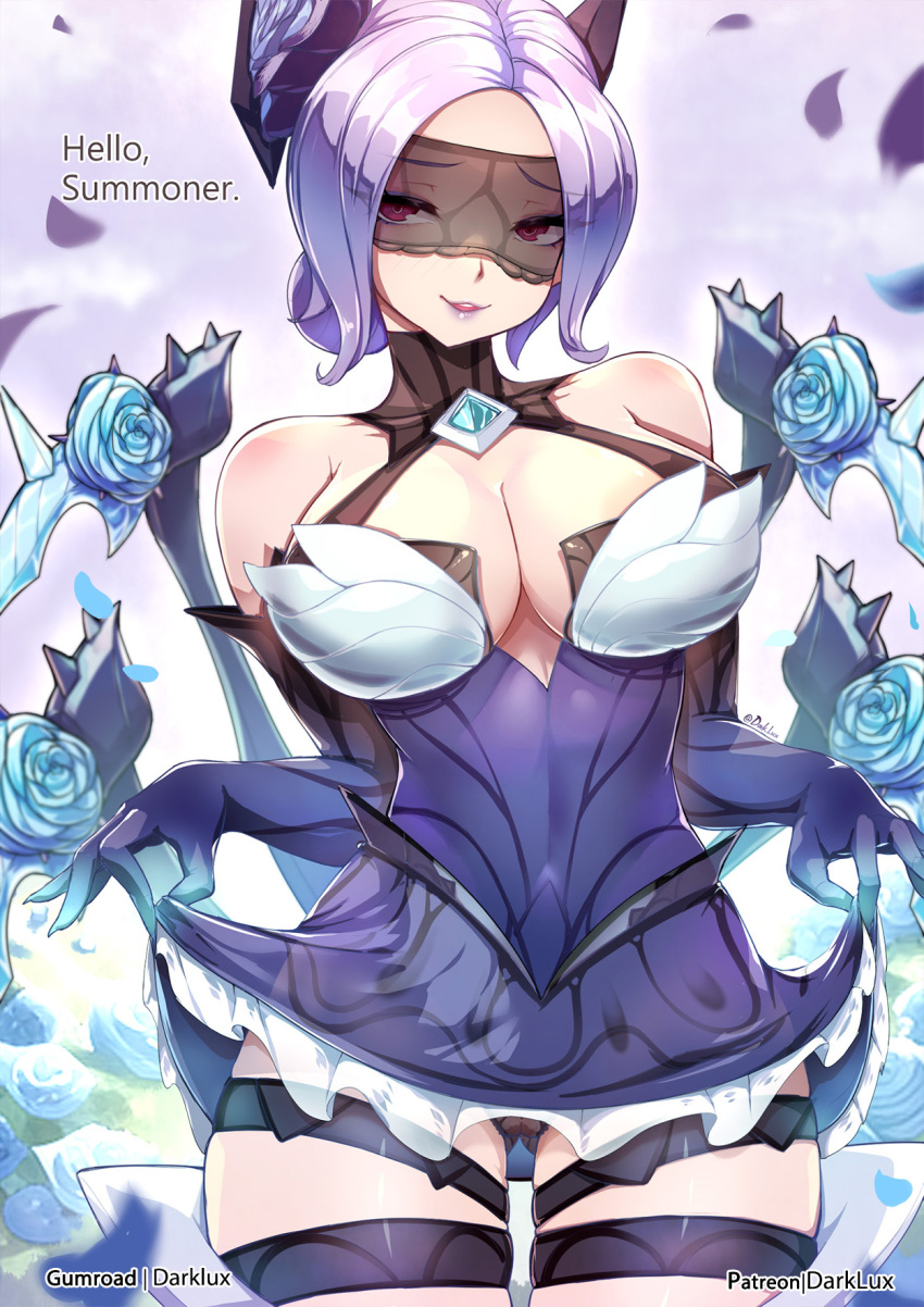 1girl arthropod_girl artist_name bare_shoulders black_panties breasts cleavage clothes_lift cowboy_shot crystal_rose_elise darklux dress dress_lift elbow_gloves elise_(league_of_legends) english_text eye_mask gem gloves green_flower hair_bun highres large_breasts league_of_legends panties parted_bangs petals pink_lips purple_dress purple_gloves shiny_clothes shiny_skin short_dress short_hair single_hair_bun solo spider_girl thighlet underwear