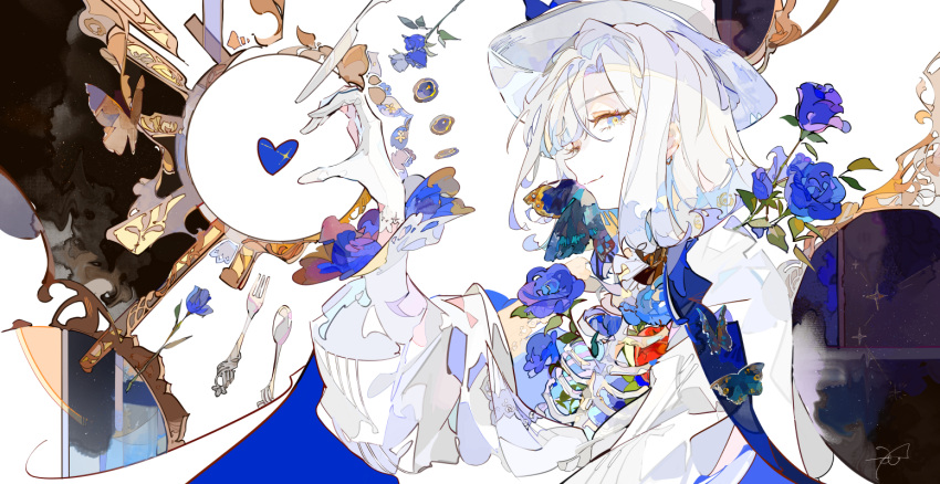 1boy androgynous blue_eyes blue_flower blue_rose blunt_ends commentary ezu_(e104mjd) flower fork half-closed_eyes half-heart_hands hat heart long_sleeves looking_at_viewer male_focus mirror original plate ribs rose shirt short_hair simple_background smile solo spoon symbol-only_commentary top_hat white_background white_hair white_headwear white_shirt yellow_pupils