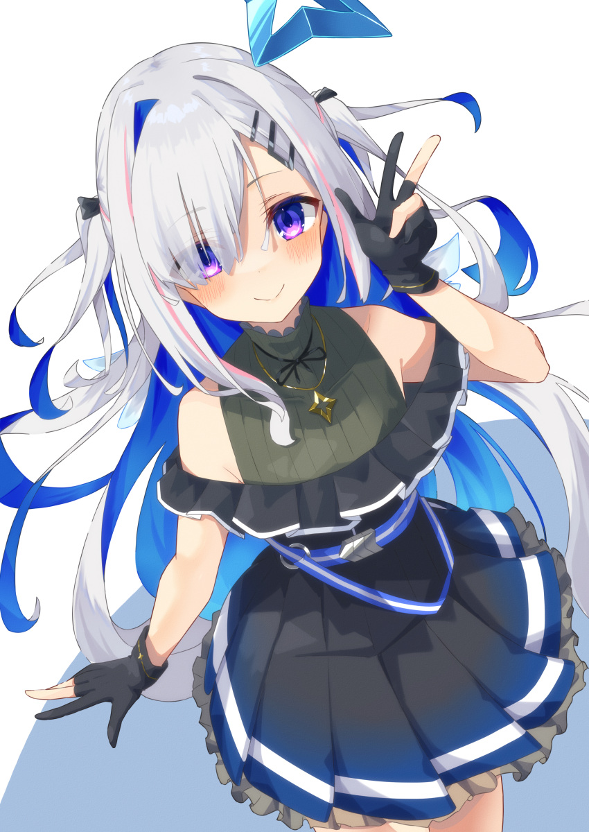 1girl :&gt; absurdres amane_kanata amane_kanata_(3rd_costume) angel_wings belt black_dress black_gloves blue_belt blue_hair blue_wings blush colored_inner_hair commentary cowboy_shot dress frilled_dress frills gloves hair_ornament hair_over_one_eye hairclip halo hand_up highres hololive jewelry kisara_mikami looking_at_viewer looking_up multicolored_hair multicolored_wings necklace official_alternate_hair_length official_alternate_hairstyle partially_fingerless_gloves pink_hair purple_eyes shadow simple_background single_hair_intake smile solo star_(symbol) star_halo star_necklace streaked_hair striped_belt virtual_youtuber w white_background white_hair wings