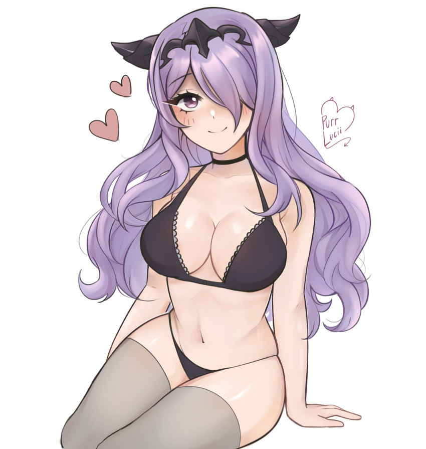 1girl bare_arms bare_shoulders black_bra black_panties bra camilla_(fire_emblem) fire_emblem fire_emblem_fates grey_thighhighs highres long_hair navel panties purple_eyes purple_hair purrlucii simple_background solo stomach thighhighs thighs tiara underwear underwear_only very_long_hair white_background