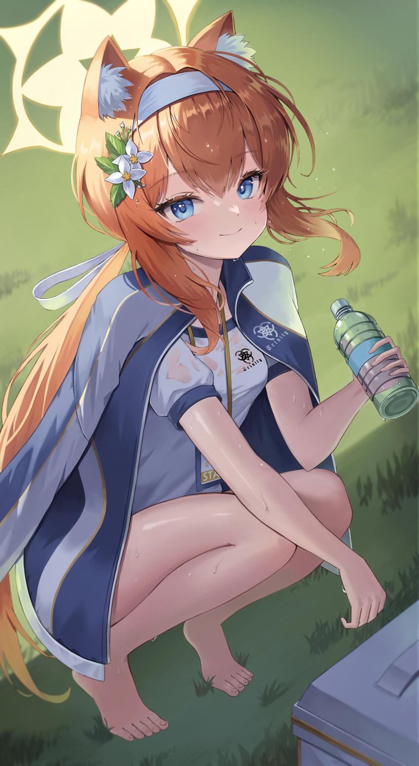 1girl absurdres animal_ears bare_legs barefoot blue_archive blue_eyes bottle breasts brown_hair closed_mouth feet flower grass gym_shirt gym_uniform hair_between_eyes hair_flower hair_ornament hairband halo highres holding holding_bottle jacket jacket_on_shoulders junma_art long_sleeves looking_at_viewer mari_(blue_archive) mari_(track)_(blue_archive) multicolored_clothes multicolored_jacket official_alternate_costume outdoors plastic_bottle shirt short_sleeves sidelocks smile solo squatting sweatdrop thighs tiptoes toenails toes track_jacket two-tone_jacket water_bottle wet wet_clothes wet_shirt white_flower white_hairband