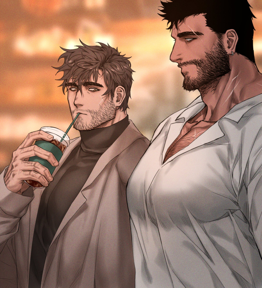 2boys bara beard_stubble check_copyright chest_hair_peek commission copyright_request dark-skinned_male dark_skin dobek_k drinking eyebrow_cut from_side highres large_pectorals looking_at_another looking_at_pectorals male_focus mature_male meme multiple_boys muscular muscular_male original pectoral_cleavage pectoral_envy_(meme) pectorals profile short_hair staring thick_eyebrows upper_body yaoi