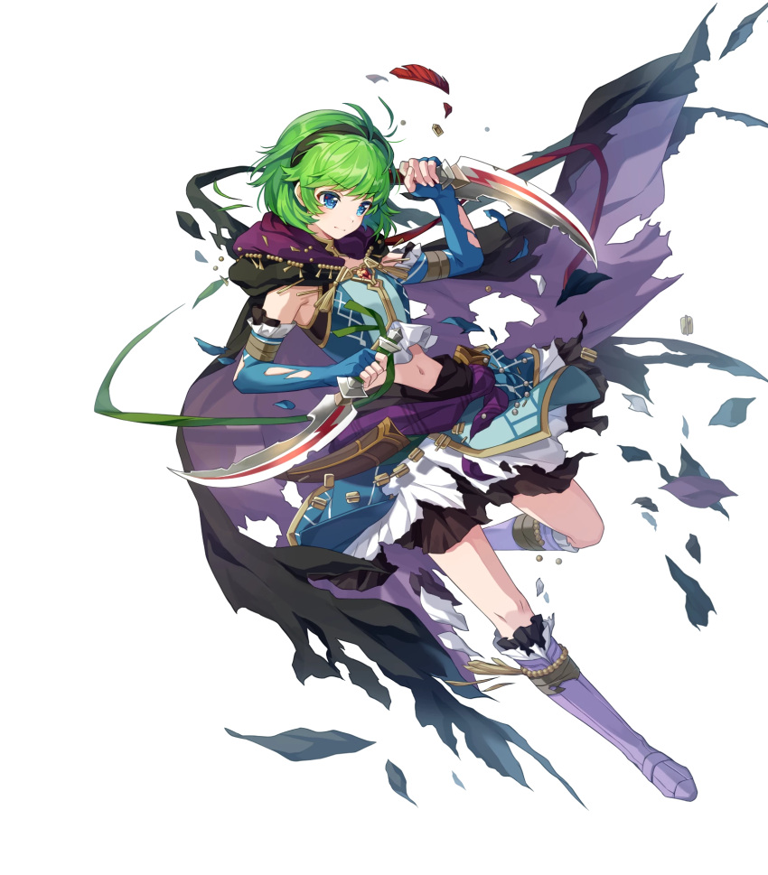 1girl black_cloak cloak dagger elbow_gloves fingerless_gloves fire_emblem fire_emblem:_the_blazing_blade fire_emblem_heroes frilled_skirt frills gloves green_hair highres knife midriff navel nino_(fang's_heart)_(fire_emblem) nino_(fire_emblem) non-web_source official_alternate_costume official_art purple_gloves purple_hair ringozaka_mariko skirt solo weapon