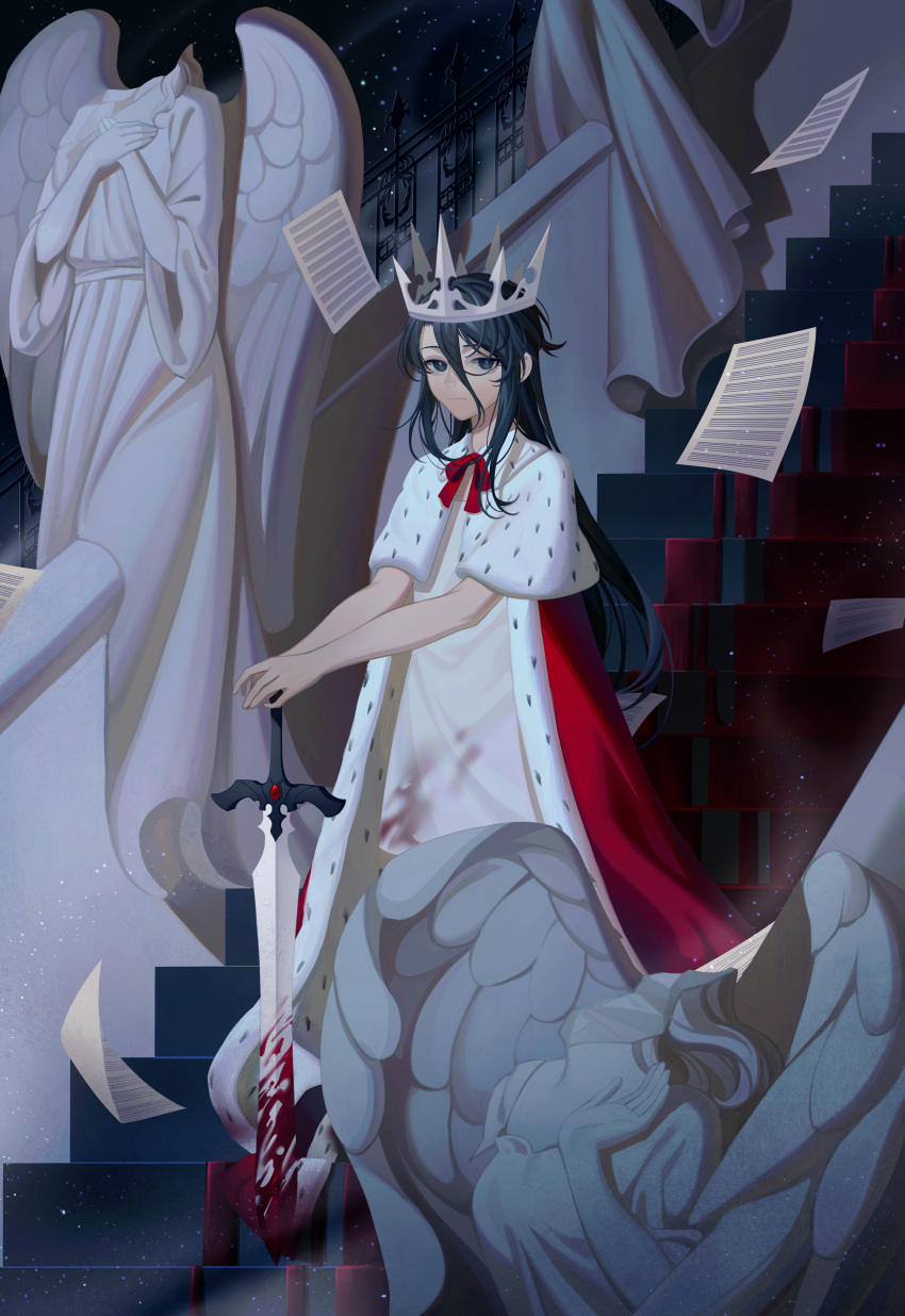 1girl absurdres black_eyes black_hair blood blood_on_clothes blood_on_dress closed_mouth commentary crown dress erchongbaojun hair_between_eyes highres long_hair looking_at_viewer original paper red_ribbon ribbon royal_robe sleeveless sleeveless_dress solo stairs standing statue sword symbol-only_commentary weapon white_dress