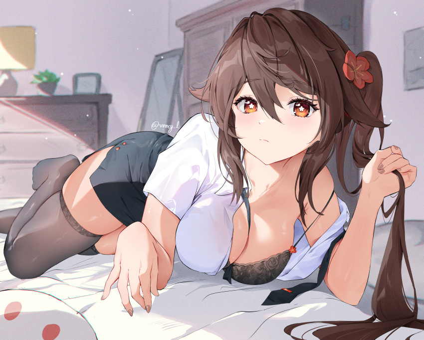 1girl absurdres bed bed_sheet black_necktie black_skirt black_thighhighs blush bra breasts brown_eyes brown_hair chest_of_drawers cleavage commentary_request flower flower-shaped_pupils genshin_impact hair_between_eyes hair_flower hair_ornament highres hu_tao_(genshin_impact) indoors lace-trimmed_bra lace_trim lamp large_breasts long_hair looking_at_viewer lying necktie necktie_removed off_shoulder on_bed pencil_skirt red_eyes shirt short_sleeves sidelocks single_bare_shoulder skirt solo star-shaped_pupils star_(symbol) symbol-shaped_pupils thighhighs twintails underwear vincent_leo white_shirt
