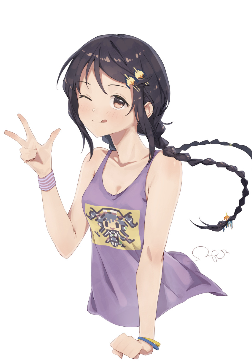 1girl ;q absurdres black_hair blush breasts camisole collarbone cropped_torso floating_hair highres idolmaster idolmaster_cinderella_girls long_hair looking_at_viewer miyoshi_sana one_eye_closed purple_camisole sanpo_(sanpo_1027) sidelocks simple_background small_breasts smile solo tongue tongue_out twintails upper_body very_long_hair w white_background wristband