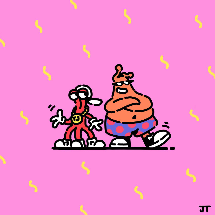 1:1 2023 alien alien_humanoid ambiguous_gender antennae_(anatomy) backwards_baseball_cap backwards_hat baseball_cap biped black_eyes bottomwear clothed clothing crossed_arms digital_drawing_(artwork) digital_media_(artwork) duo earl_(toejam_and_earl) eyewear flat_colors footwear front_view gloves handwear hat headgear headwear hi_res humanoid james_turner jewelry larger_ambiguous looking_at_another male_(lore) mostly_nude motion_lines multicolored_bottomwear multicolored_clothing multicolored_footwear multicolored_shoes multicolored_shorts navel necklace not_furry pattern_bottomwear pattern_clothing pattern_shorts pink_background red_body sega shadow shoes shorts signature simple_background size_difference smaller_ambiguous spots spotted_bottomwear spotted_clothing spotted_shorts standing sunglasses tan_body toejam toejam_and_earl toony topless triped white_baseball_cap white_clothing white_footwear white_gloves white_handwear white_hat white_headwear white_shoes