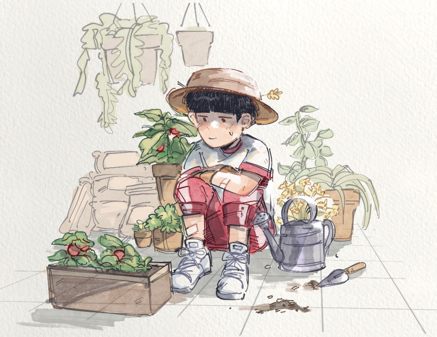 1boy black_hair blush brown_headwear closed_mouth commentary dirt english_commentary full_body gym_uniform hanging_plant hat kageyama_shigeo male_focus mob_psycho_100 mp100days pants paper_texture plant potted_plant red_pants shirt shoes short_hair short_sleeves simple_background sitting smile sneakers solo trowel watering_can white_background white_footwear white_shirt