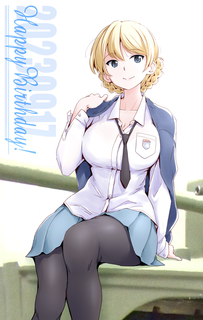 1girl black_necktie black_pantyhose blonde_hair blue_eyes blue_jacket blue_skirt braid breasts closed_mouth collarbone darjeeling_(girls_und_panzer) french_braid girls_und_panzer happy_birthday highres jacket large_breasts long_hair long_sleeves looking_at_viewer military_vehicle motor_vehicle necktie pantyhose pleated_skirt sasaki_akira_(ugc) school_uniform shirt sitting skirt smile solo st._gloriana's_school_uniform tank white_shirt