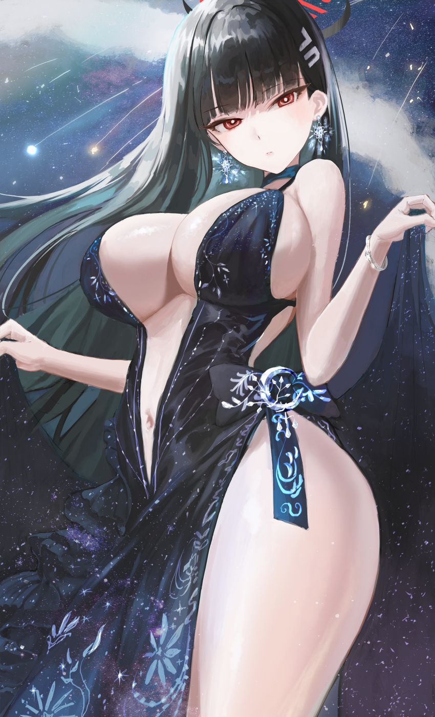 1girl absurdres black_dress black_hair blue_archive bracelet breasts dress earrings egoswans halo highres jewelry large_breasts long_hair navel plunging_neckline red_eyes rio_(blue_archive) side_slit solo thighs very_long_hair