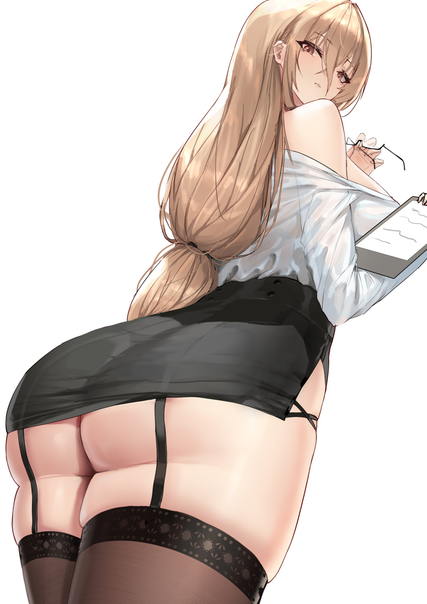 1girl absurdres alternate_costume ass ass_focus azur_lane black_thighhighs blonde_hair breasts clipboard eyebrows_hidden_by_hair garter_straps glasses hair_between_eyes highres holding holding_clipboard implacable_(azur_lane) implacable_(shepherd_of_the_"lost")_(azur_lane) large_breasts long_hair looking_at_viewer looking_back off-shoulder_shirt off_shoulder orange_eyes pencil_skirt ponytail semi-rimless_eyewear shirt shuiruoqing side_slit simple_background skirt thighhighs thighs white_background