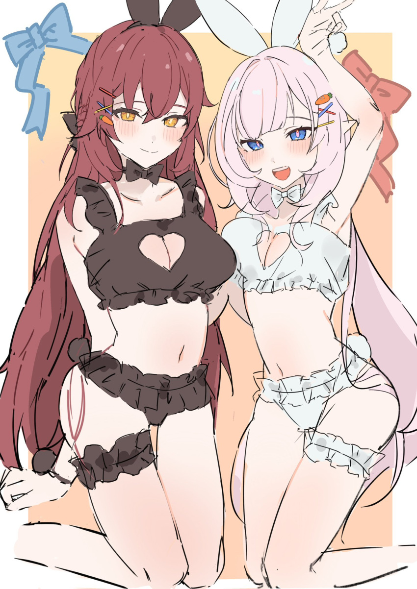 2girls :d animal_ears arm_up armpits blue_bow blue_eyes border bow bowtie bra breasts brown_background brown_bow brown_bowtie brown_bra brown_hair brown_panties cleavage cleavage_cutout closed_mouth clothing_cutout collarbone eden_(honkai_impact) elf elysia_(honkai_impact) fake_animal_ears frilled_bra frilled_panties frills hair_ornament hairclip highres honkai_(series) honkai_impact_3rd kneeling looking_at_viewer multiple_girls navel open_mouth panties pink_hair pointy_ears rabbit_ears red_bow smile stomach underwear uwu_(exe_oishii) white_border white_bow white_bowtie white_bra white_panties yellow_eyes