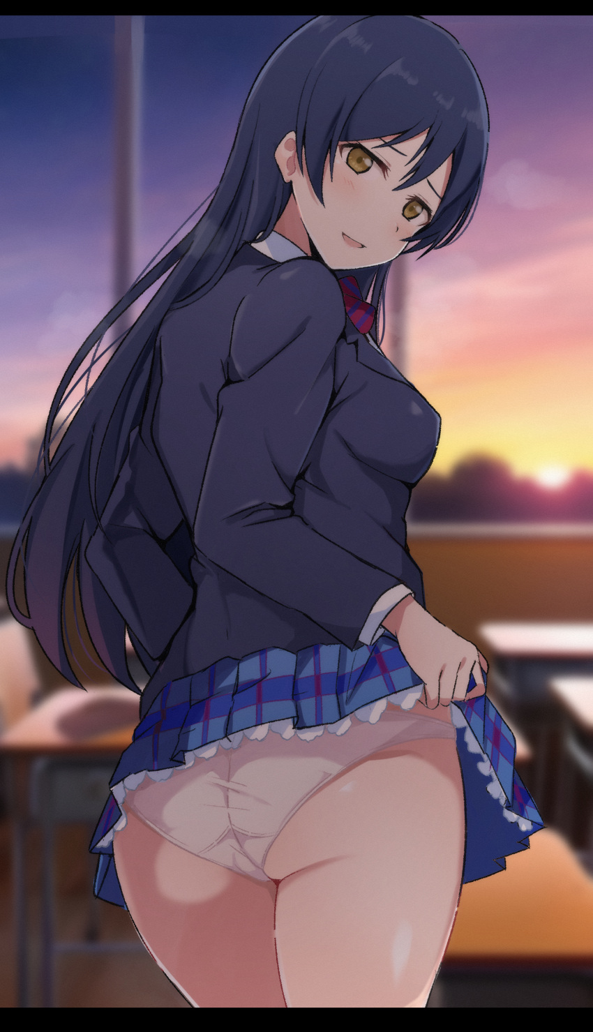 1girl absurdres ass blazer blurry blurry_background clothes_lift from_behind highres jacket lifted_by_self long_hair long_sleeves looking_at_viewer looking_back love_live! otonokizaka_school_uniform panties plaid plaid_skirt school_uniform skirt skirt_lift solo sonoda_umi sunset underwear wewe white_panties yellow_eyes