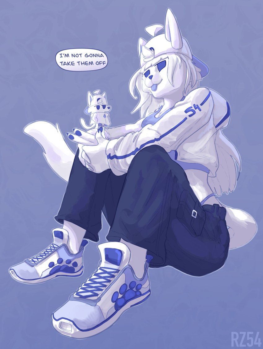 2023 absurd_res anthro artist_name backwards_cap blue_and_white bottomwear clothing dialogue digital_media_(artwork) domestic_cat duo english_text felid feline felis female footwear hi_res larger_female mammal micro monochrome pants plantigrade rz54 shoes simple_background size_difference smaller_anthro speech_bubble text