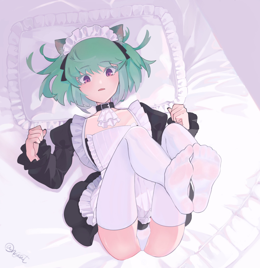 1boy absurdres alternate_costume animal_ears apron artist_name ascot ass black_choker cat_ears choker crossdressing feet foot_focus foreshortening frilled_pillow frilled_sleeves frills green_hair head_on_pillow highres juliet_sleeves legs_up light_blush lio_fotia long_sleeves looking_at_viewer lying maid maid_apron maid_headdress male_focus on_back on_bed open_mouth otoko_no_ko panties pantyshot parted_lips pillow presenting_foot promare puffy_sleeves purple_eyes short_hair soles solo thighhighs toes underwear white_ascot white_panties white_thighhighs xyz008