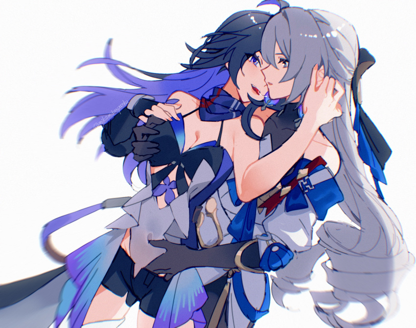 2girls ahoge bare_shoulders black_gloves black_headwear black_shorts blue_eyes blue_hair blue_scarf breast_hold breasts bronya_rand chinese_commentary collarbone couple drill_hair earrings elbow_gloves fingerless_gloves gloves grabbing grabbing_from_behind grey_eyes grey_hair hand_in_pants hand_on_another's_ear highres honkai:_star_rail honkai_(series) jewelry long_hair looking_at_another medium_breasts mie_xing multicolored_hair multiple_girls parted_lips saliva saliva_trail scarf seele_(honkai:_star_rail) short_shorts shorts simple_background single_bare_arm single_glove teeth tongue tongue_out twitter_username upper_body upper_teeth_only white_background yuri