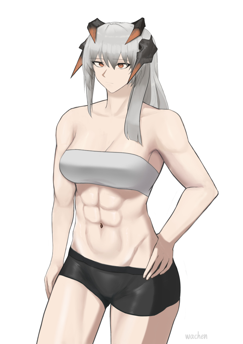 1girl absurdres arknights bandeau bare_arms bare_shoulders black_shorts breasts cleavage commentary cowboy_shot grey_hair hair_between_eyes hand_on_own_hip highres horns long_hair medium_breasts midriff navel orange_eyes saria_(arknights) short_shorts shorts simple_background solo standing stomach strapless thighs tube_top wachen white_background