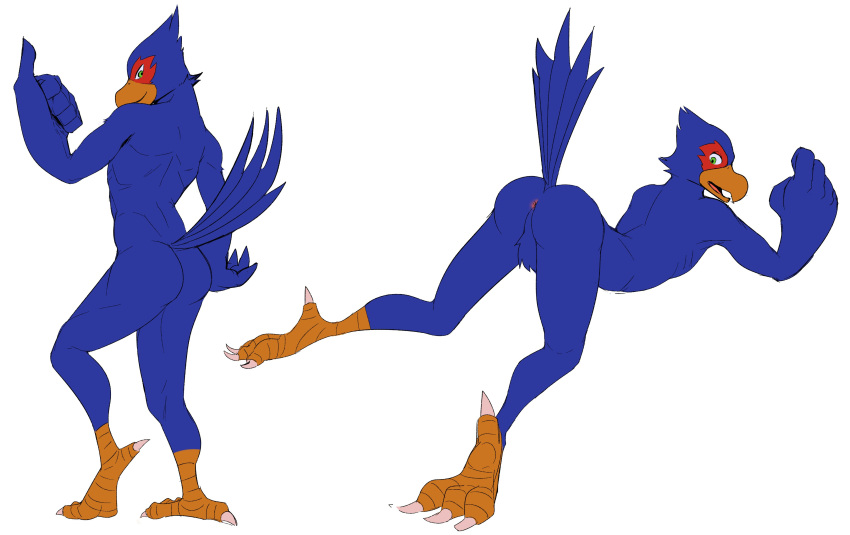 absurd_res all_fours anthro anus ass_up avian balls beak bird blue_body blue_feathers butt falco_lombardi falcon falconid feather_hands feathers feet genitals gesture hi_res jrjresq looking_at_viewer looking_back looking_back_at_viewer male multiple_images nintendo nude raised_tail rear_view solo star_fox tail tail_feathers talons thumbs_up toes