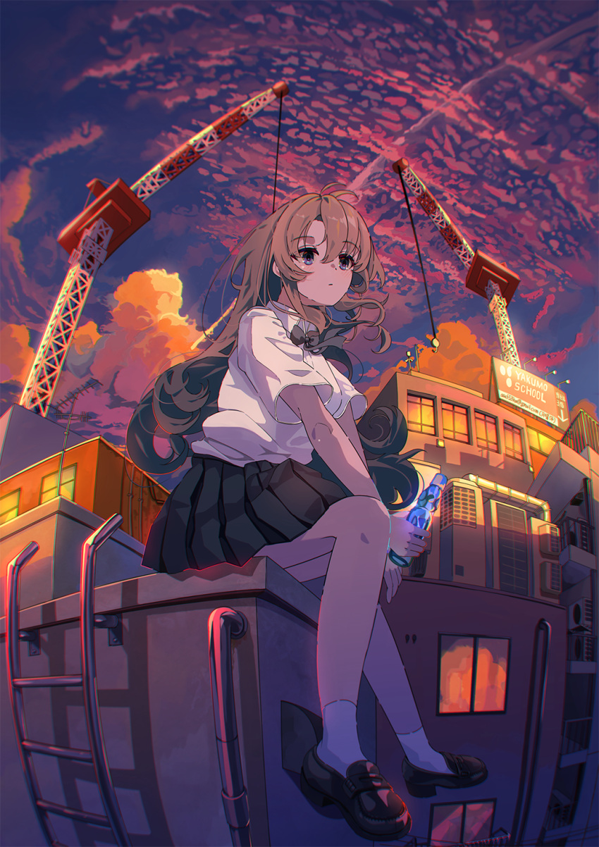 1girl black_footwear black_skirt blue_eyes blush bottle brown_hair building closed_mouth cloud cloudy_sky crane_(machine) hair_between_eyes highres holding holding_bottle ladder long_hair original pleated_skirt ramune sakatsuki_yakumo shirt shoes short_sleeves sitting skirt sky socks solo sunset white_shirt white_socks